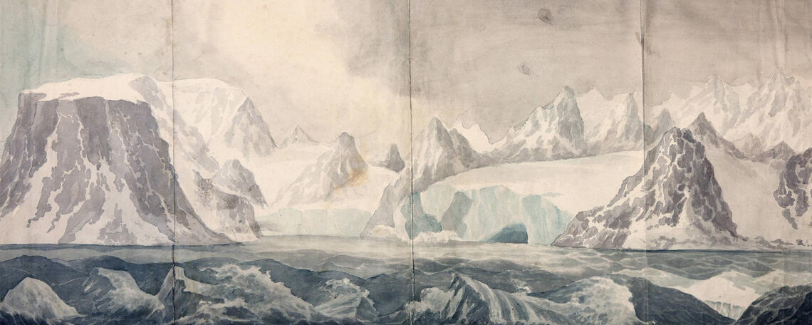 Watercolour of an Arctic coastline with rough waters